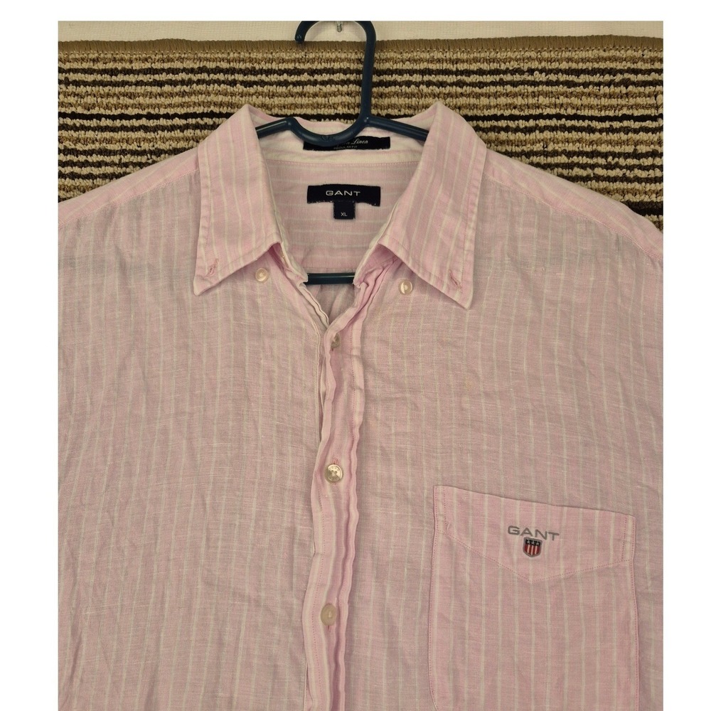 Gant Hampton Linen Shirt Mens XL Pink White Stripe Short Sleeve Regular Fit